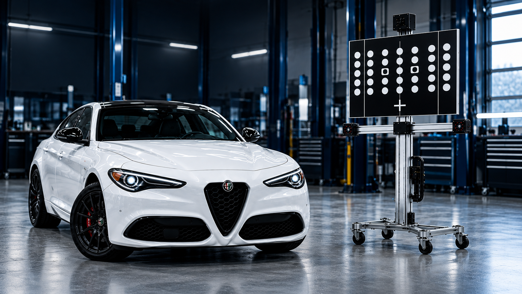 Illustrative white car and ADAS calibration equipment